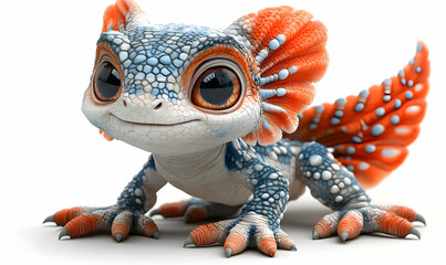 Cute cartoon gecko with blue spots and orange frills looks at the viewer in front of a white backdrop for children's media