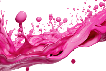 A vibrant pink splash frozen in an organic pattern with flowing curves and droplets  on transparent background