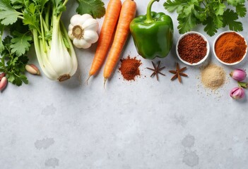 Culinary Arrangement of Spices and Fresh Vegetables on Gray Surface