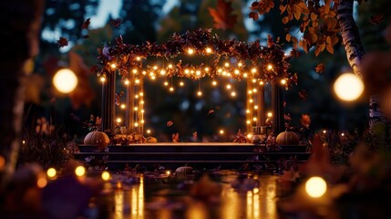 Obraz premium Enchanted autumn scene featuring a cozy illuminated stage surrounded by falling leaves and pumpkins