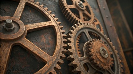 Rusty Gears Close-up Composition of Interlocking Cogs, Industrial Machinery, Steampunk Aesthetic Steampunk, Industrial Design