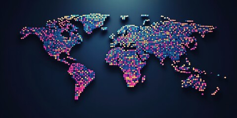 Mosaic of the world map with countries in small pixels, emphasizing global connectivity and cultural diversity.
