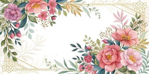 Watercolor Floral Corner Frame Pink Peonies and Gold Geometric Design, Botanical Illustration, Wedding Invitation Floral Design, Watercolor Art