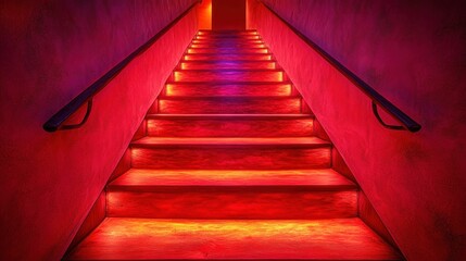 Red-lit stairway, nightclub descent, vibrant walls