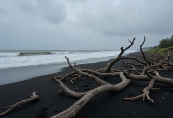 Obraz premium Driftwood on Black Sand Beach under Overcast Sky