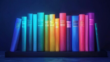 Obraz premium Colorful books on a dark shelf glowing in neon light.