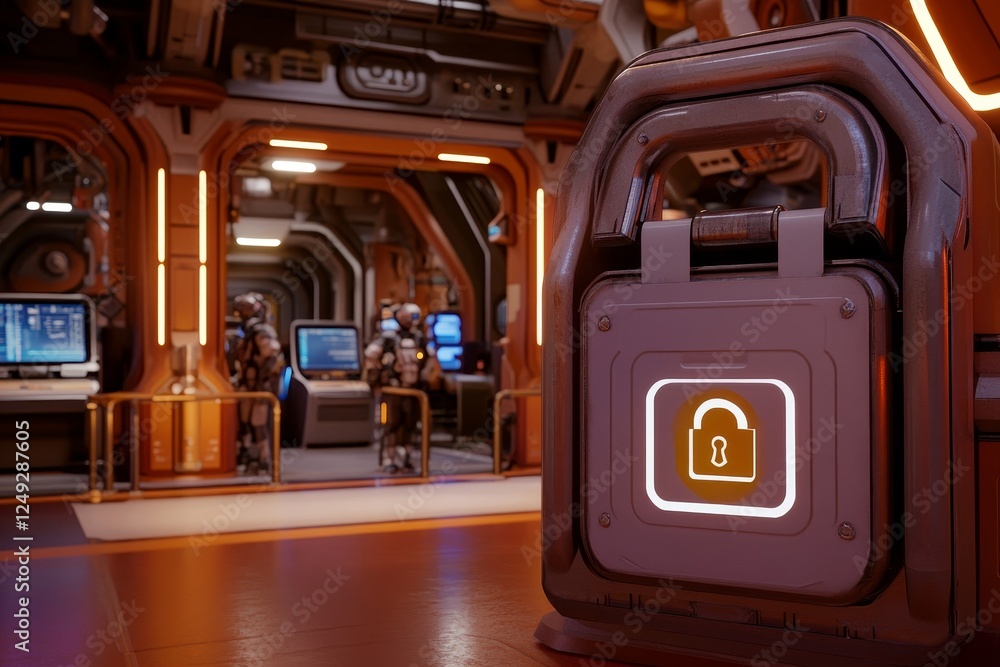 Poster futuristic secure lock in high-tech sci-fi environment