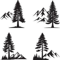 Obraz premium Pine tree silhouette set with mountain black tree silhouette illustration design, isolated on a white background.