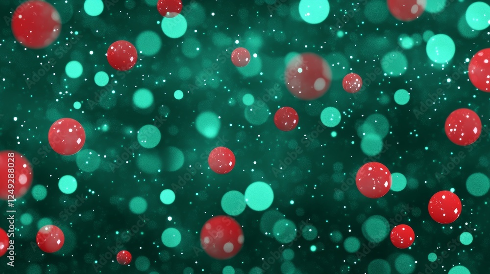 Poster abstract spherical forms in a teal hued background with dotted red circular elements.