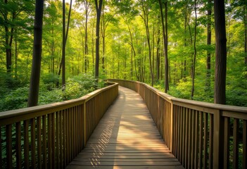 Fototapeta premium Elevated Wooden Boardwalk Through Lush Green Forest