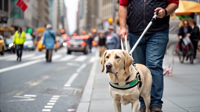 Labrador Retriever Guide Dog Leading Visually Impaired blind Person Through Busy City Street