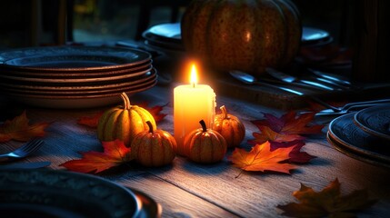 Cozy autumn table setting with candlelight, pumpkins, and colorful leaves, evoking seasonal warmth