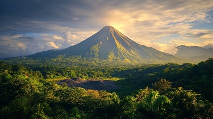 Fototapeta premium Majestic Volcano Sunset, Tropical Landscape, Travel Poster