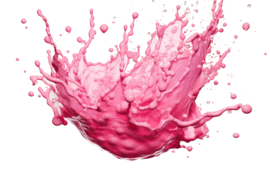 A vibrant pink splash frozen in an organic pattern with flowing curves and droplets on transparent background