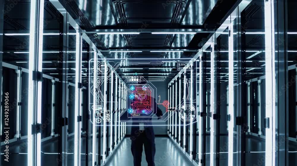 Poster exploring advanced technology in a modern data center with enhanced visual imaging techniques