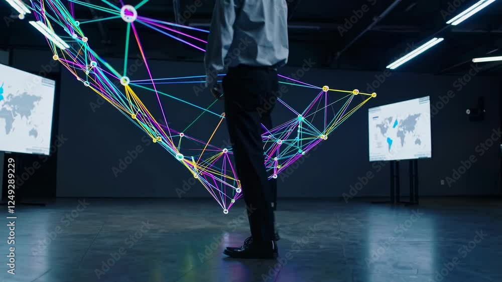 Poster dynamic interaction with digital network visualization in modern office space