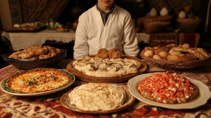 Obraz premium Abundant Food Platter Displayed At Table Setting With Person Standing Behind The Feast.