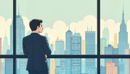 Fototapeta premium Focused employee gazing at urban skyline from office window, ambition