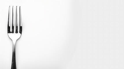 A shiny stainless steel fork, positioned diagonally on a bright white background, png style image