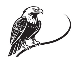 Eagle perched on branch black and white vector illustration, fierce hawk falcon bird tattoo design art