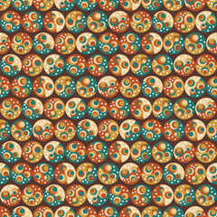Circles in circles seamless vector pattern. Rounded geometric illustration background in earth tones, dark red and green.