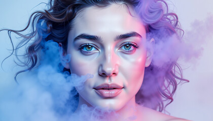 Fototapeta premium Dreamy expression of a woman’s face amid pastel smoke, ethereal beauty