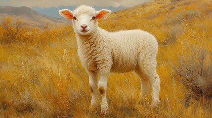 Obraz premium Lamb in autumn field, mountains background