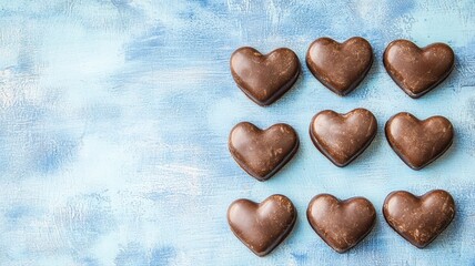 Heart-Shaped Chocolate Treats Arranged on Blue Decorative Surface