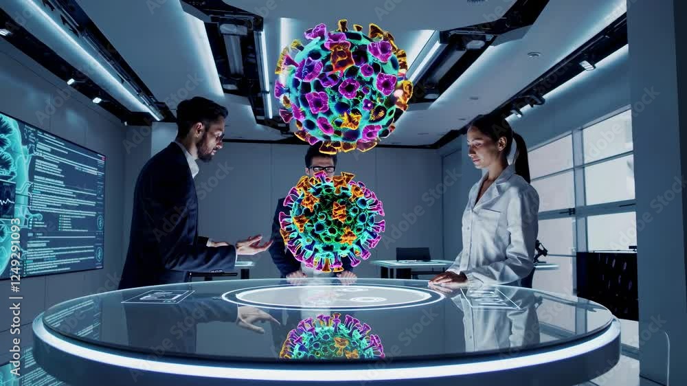 Poster Scientists collaborate in a high-tech lab to analyze complex virus models during breakthrough research session
