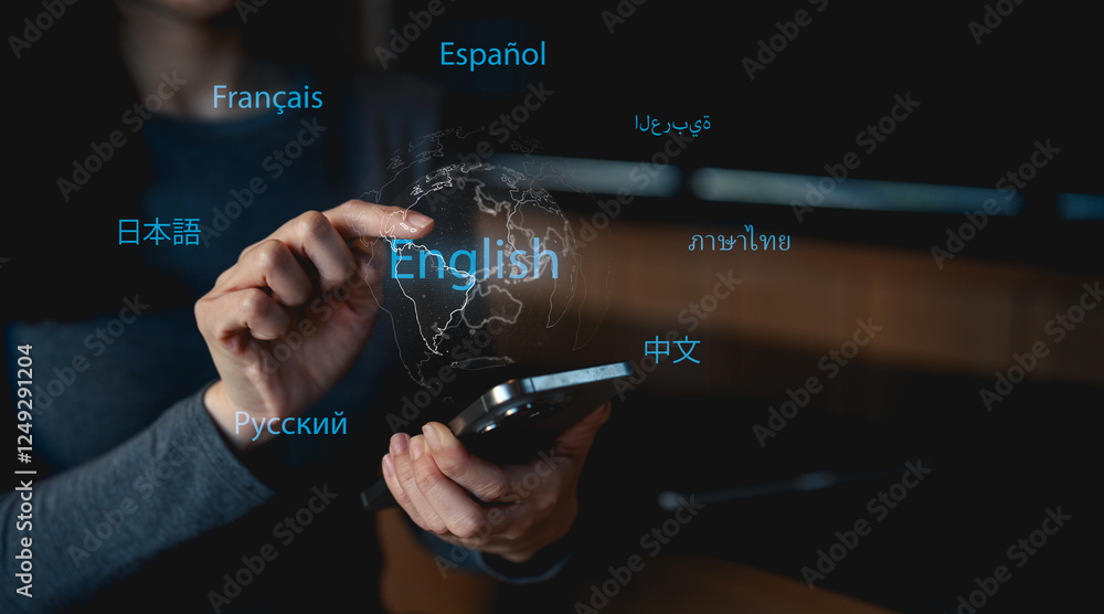 Poster a person uses a smartphone displaying various languages, emphasizing communication and translation c