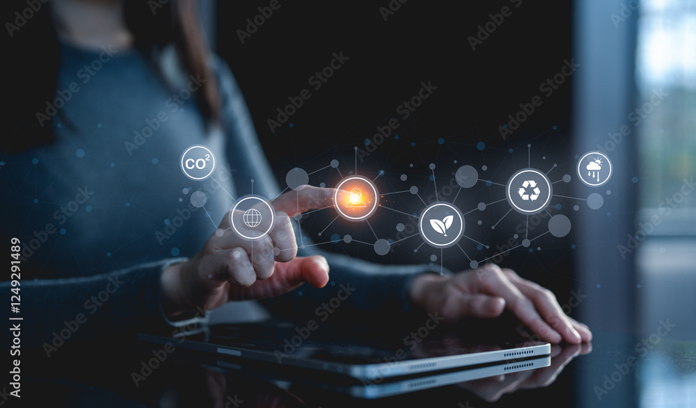 Aufkleber a person interacts with a digital interface, showcasing various icons representing technology and in