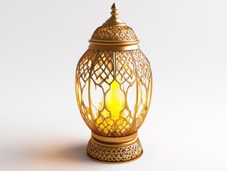 Ornate gold lantern glowing, studio shot, white background, Ramadan decor