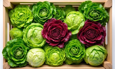 Green and Red Butter Lettuce in Wooden Crate