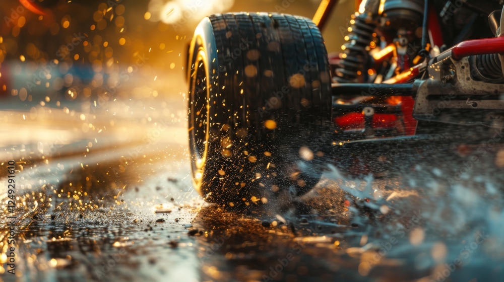 Poster a racing kart accelerates through puddles, sending water splashing into the air against a backdrop o