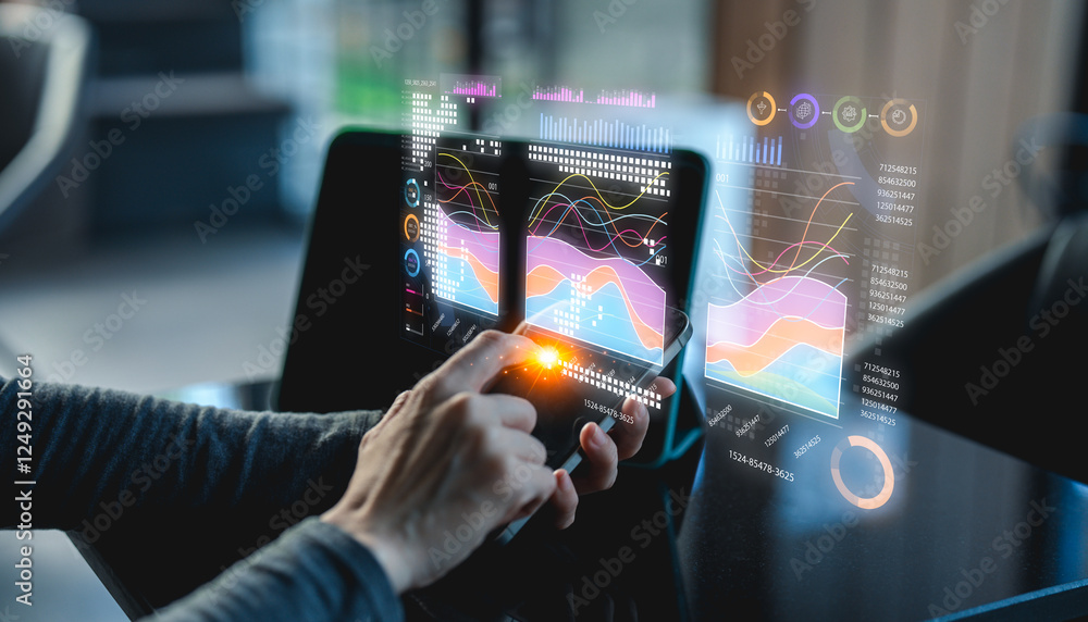 Poster a person interacts with a tablet displaying dynamic, holographic data visualizations and charts, ind