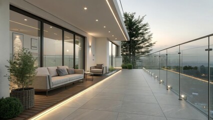 Transformative evening relaxation sleek modern balcony outdoor living space urban environment scenic view with glass railings and led lighting
