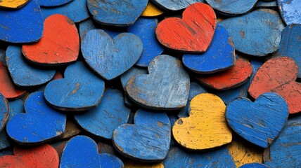 Colorful Wooden Hearts Background with Red, Blue, and Yellow Colors