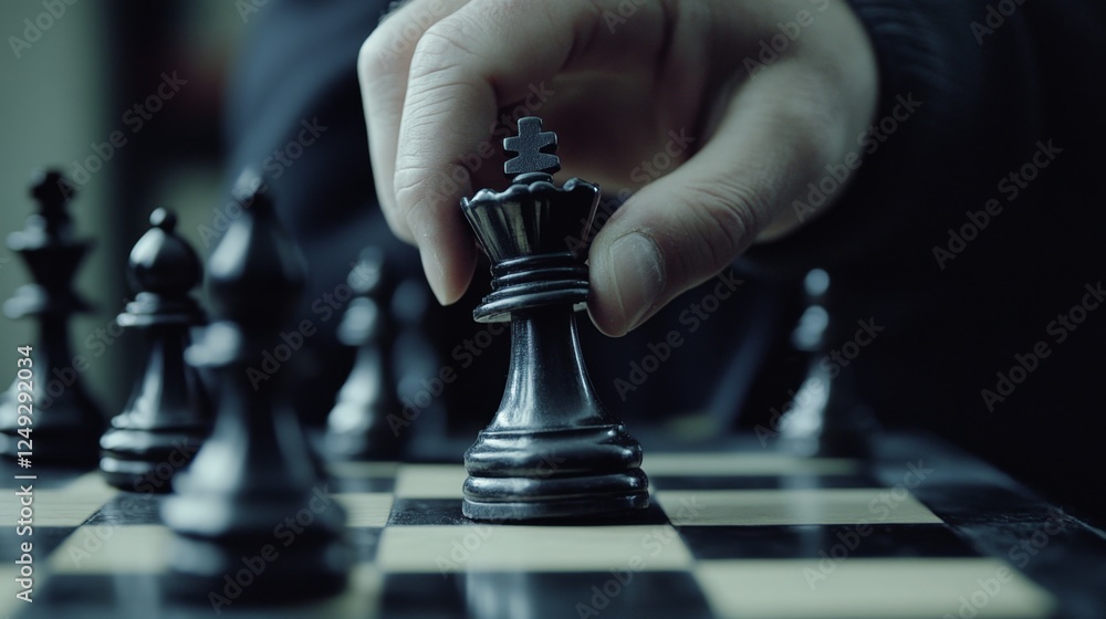 Poster closeup of a hand moving a knight on a chessboard indoor setting action shot tabletop environment ov