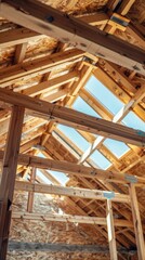 Wood frame house with visible beams and open sky, great for construction and renovation articles.