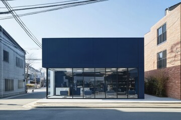 Modern salon situated in an urban area with a sleek design and expansive glass facade, capturing attention on a clear day