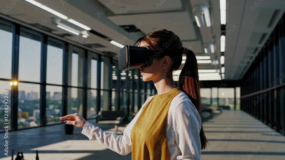 Poster Innovative virtual reality experience in modern office setting showcasing building design and technology