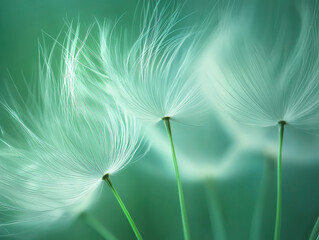 Fluffy dandelion seed heads in soft light display intricate filaments and nature's beauty