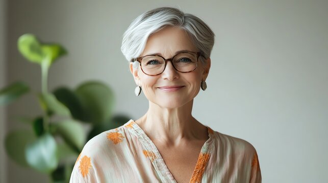 A smiling middle-aged woman in a soft pastel shirt represents the ideal of retiring happily and staying healthy.