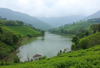 Fototapeta premium Hillsides of Tea Plants Surrounding Serene Lake on a Misty Day