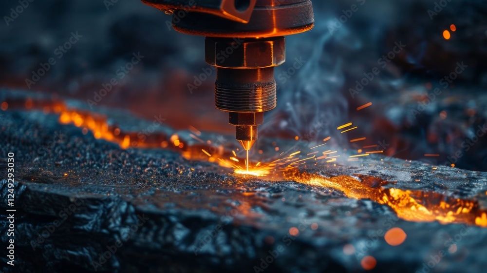 Aufkleber a laser cutter performs intricate cutting on a metallic surface, emitting bright sparks and a warm g