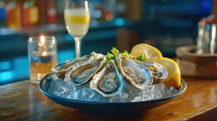 Freshly Shucked Oysters on Ice Served with Lemon Wedges and Garnish at a Bar with Cocktails and Drinks in the Background