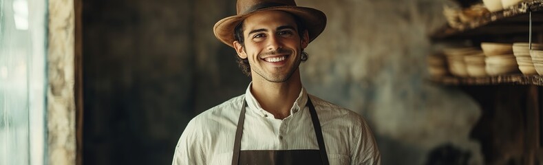 A smiling man wearing an apron and hat stands in front of walls , looking at the camera.