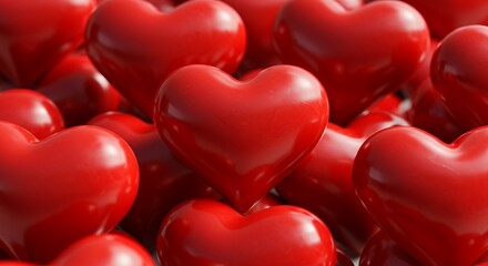 Many glossy red hearts are piled up close together