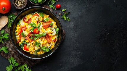A Vibrant Bowl of Fresh Salad with Corn, Bacon, Red Pepper, and Greens on a Dark Background Ideal for Healthy Eating and Culinary Inspiration