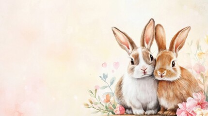 Fototapeta premium Two Rabbits Embracing in Watercolor with Floral Accents